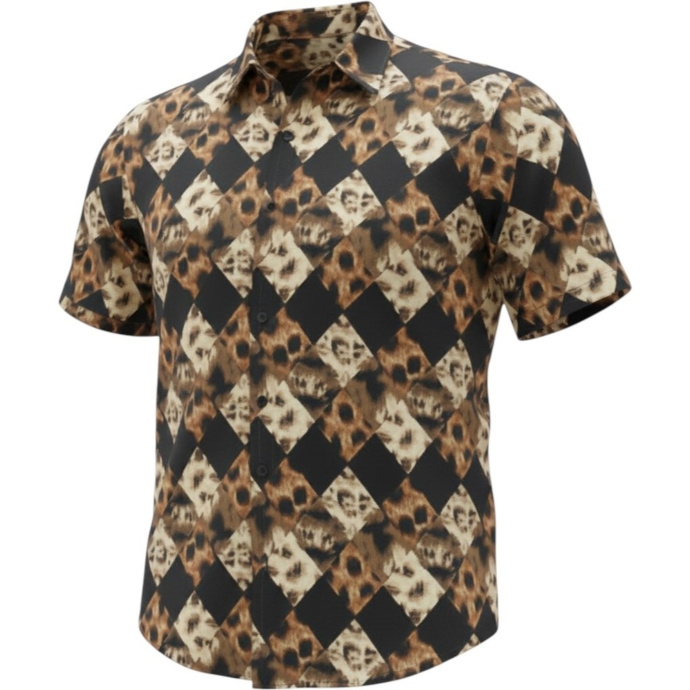 Bloom Mens Leopard 100% si Print Short Sleeve Button Down Shirt Brown XLk